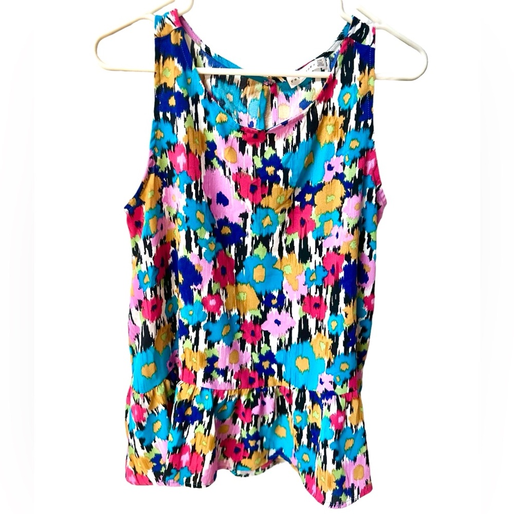 Colorful Retrology Floral Tank Top Sleeveless Blouse Ruffle Hem Size Medium